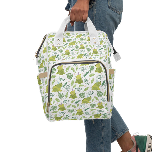 Adorable Green Dino: Stylish Backpack with Palm Leaf Pattern