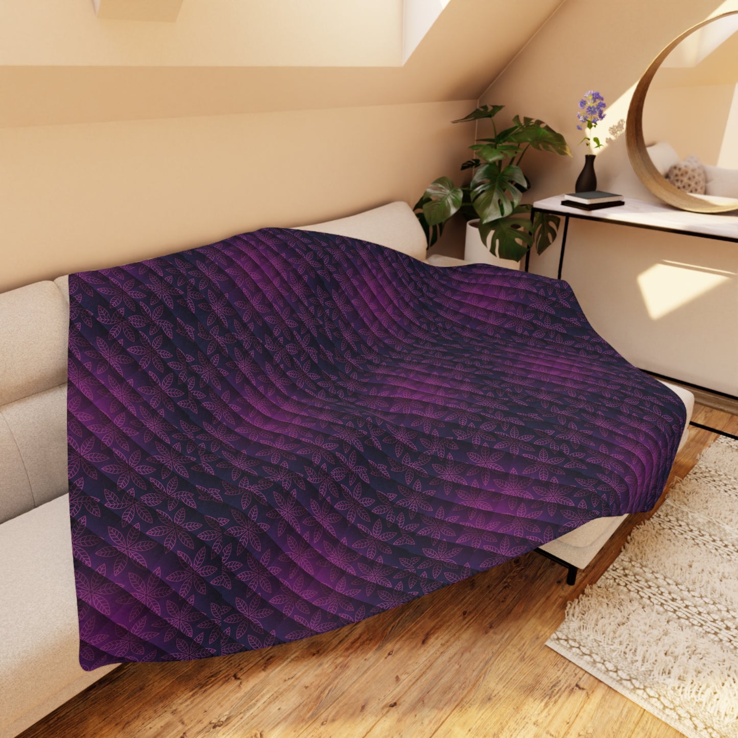 Niccie's Luxurious Purple Floral Pattern Tan Sherpa Blanket - Cozy Elegance for Every Season