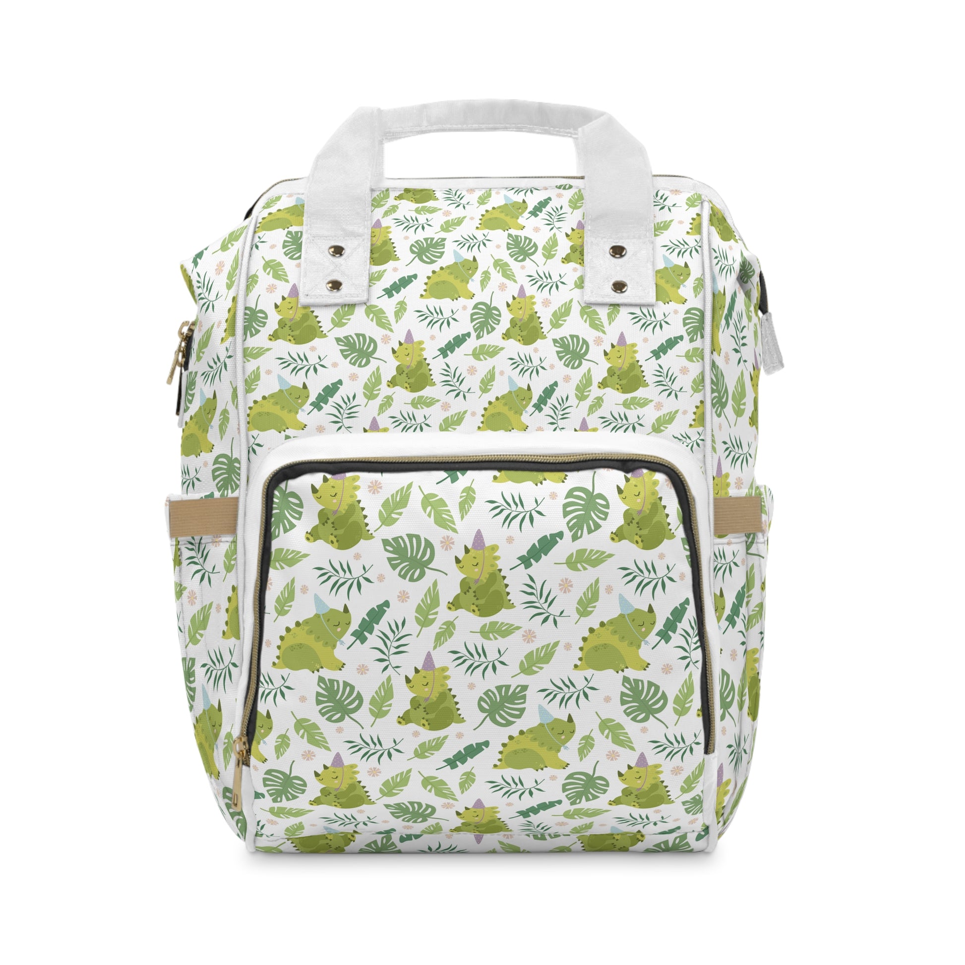 Adorable Green Dino: Stylish Backpack with Palm Leaf Pattern