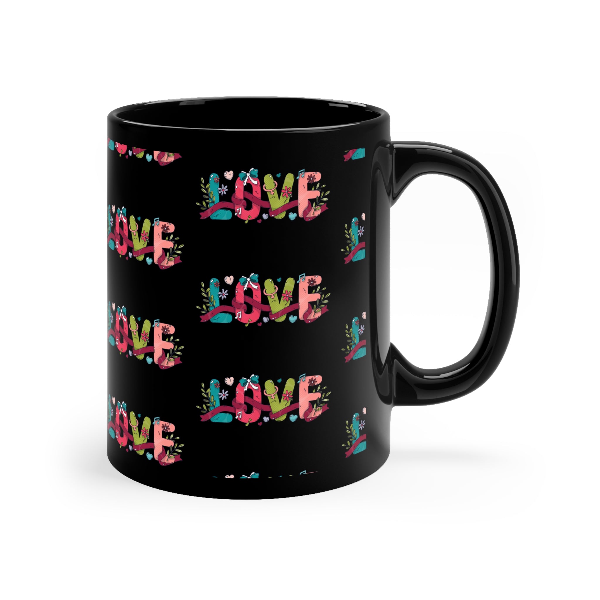 Charming 11oz Black Mug with Adorable Love-themed Design