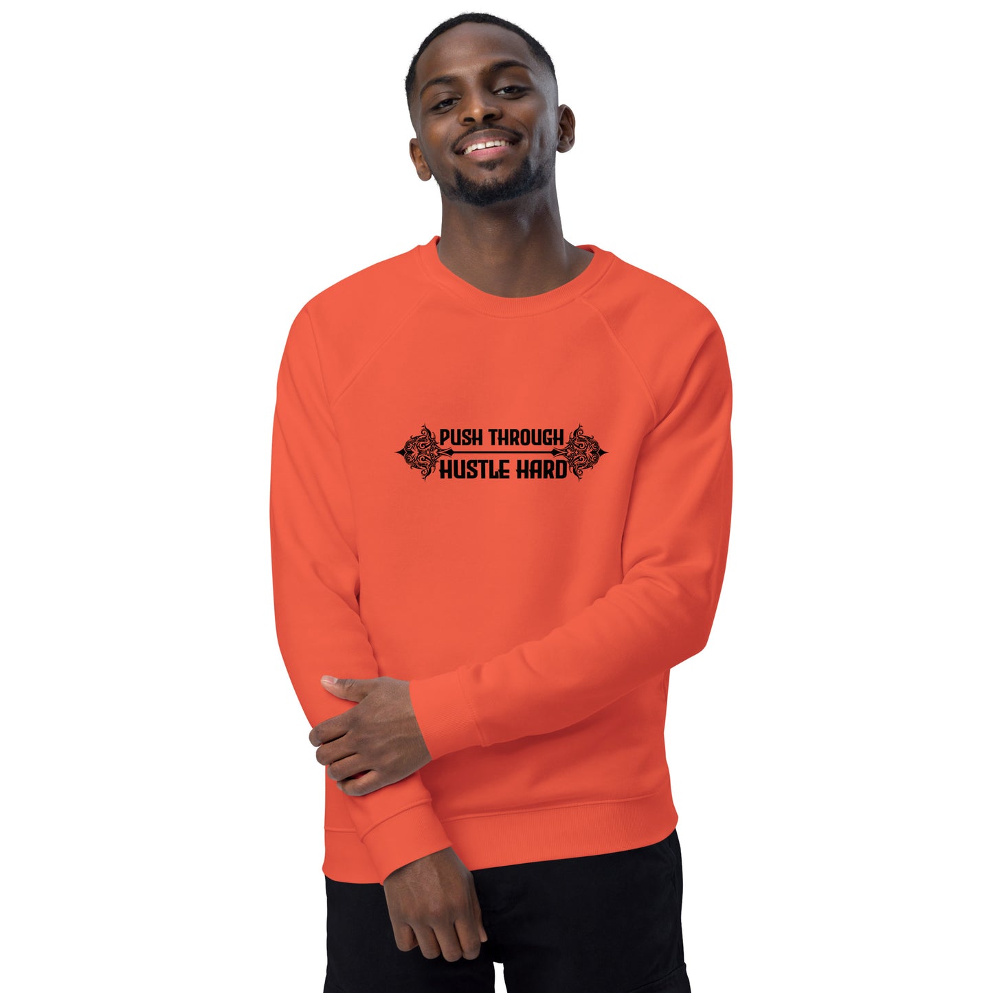 Niccie "Push through - Hustle Hard", Unisex organic raglan sweatshirt